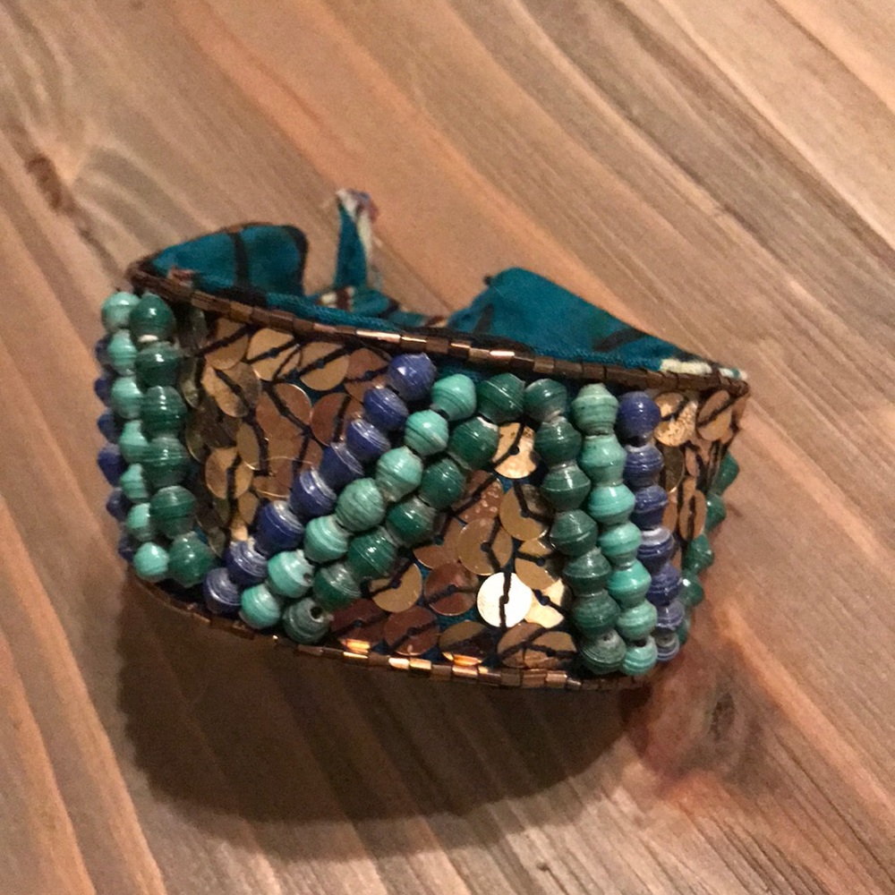 Vintage fabric cuff bracelet with sequins & beads
